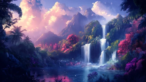 Enchanted cascades glow beneath cotton-candy dawn skies.