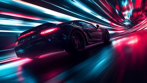 Sports car accelerates through neon light tunnel at speed