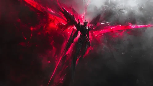 Fierce crimson guardian rising from swirling stormlight.