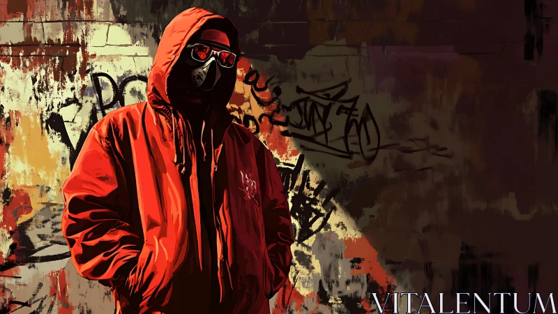 Hooded figure in red parka rendered as high-contrast digital vector