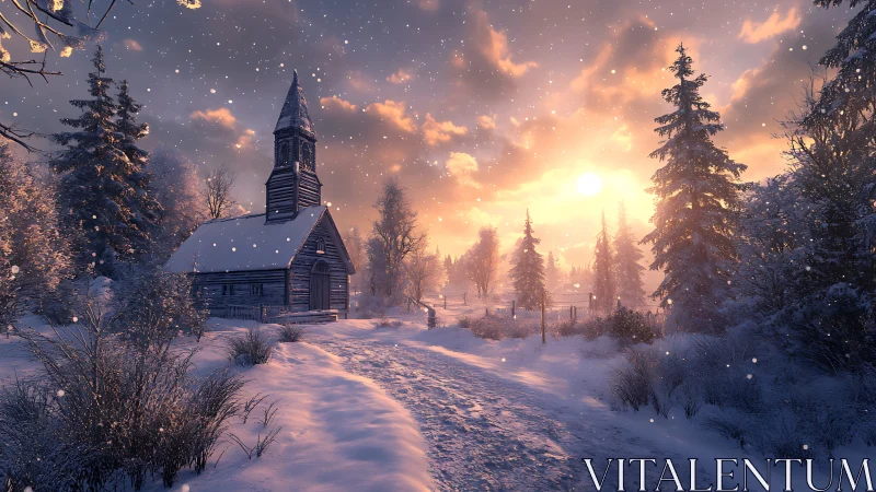 Snowy rural church at sunrise in quiet winter landscape.