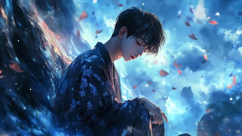 Dreamy sky-gazing boy wrapped in soft twilight blues.