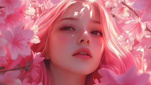 Pink haired girl framed by glowing cherry blossoms.