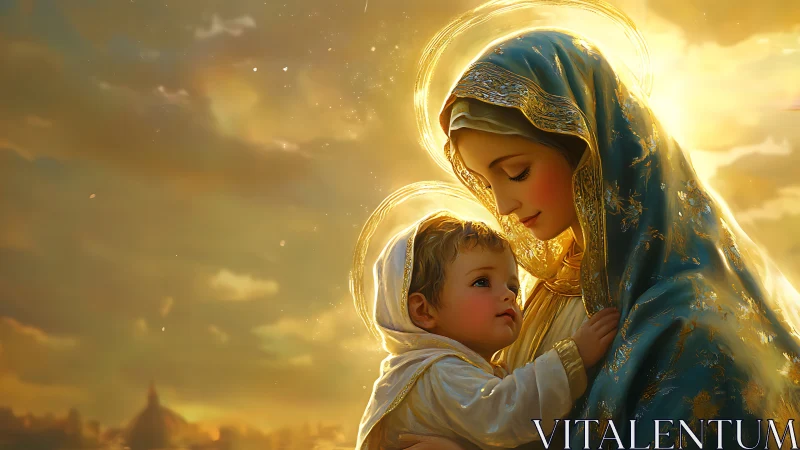 Mother in blue robe holding child under glowing golden sky.