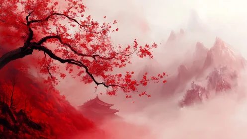 Crimson maple over misted mountains and distant temple.