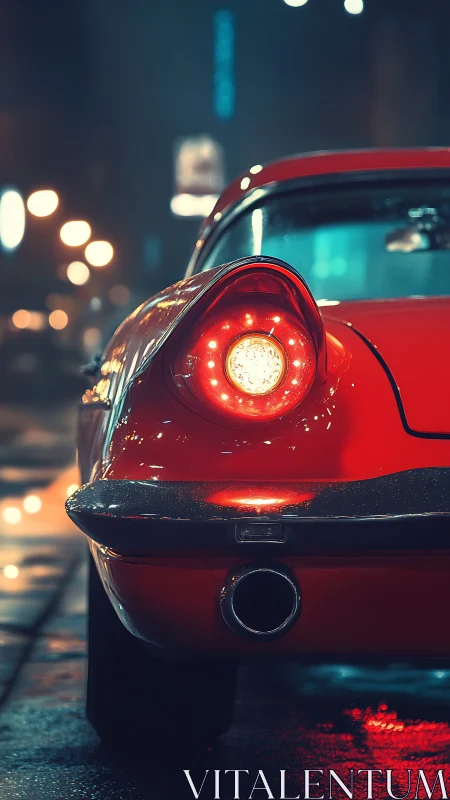 Red classic car tail light on wet night city street.