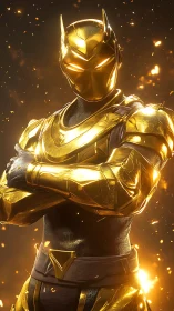 Golden armored hero amid sparks in dramatic digital portrait.