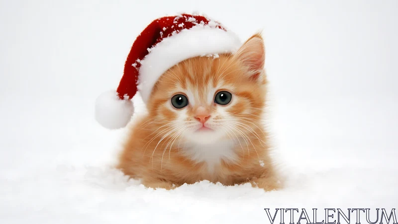 Ginger kitten in Santa hat under diffuse snowy illumination.