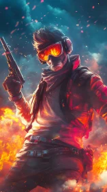 Bold masked hero strides through fire with blazing resolve