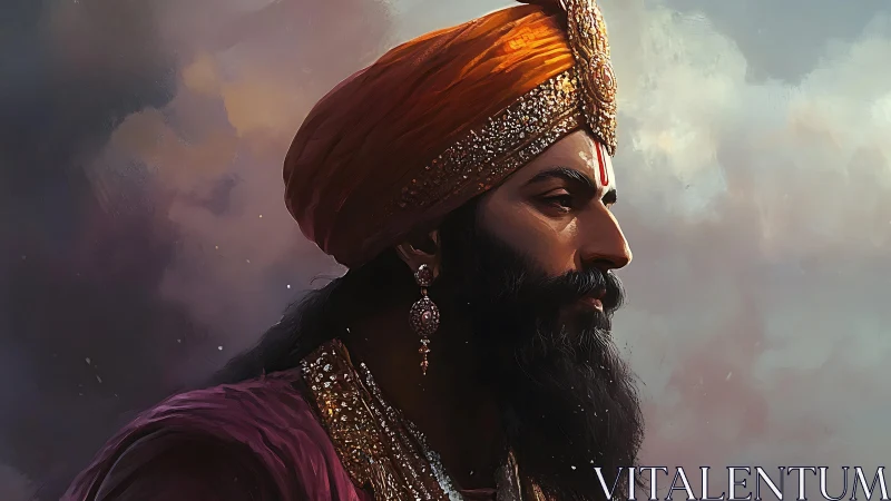 Profile portrait of regal man in jeweled turban and robes.