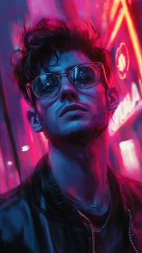 Neon midnight drifter bathed in electric magenta cityglow.