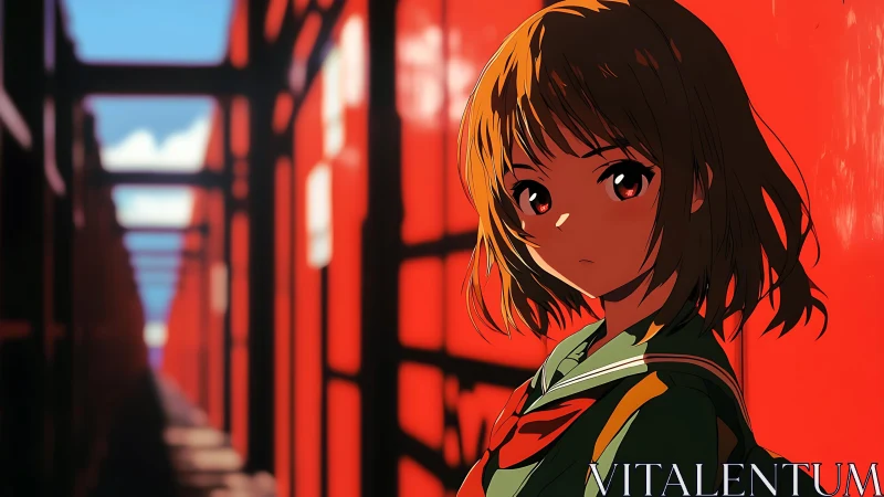 Anime schoolgirl against vivid red alley shadows.