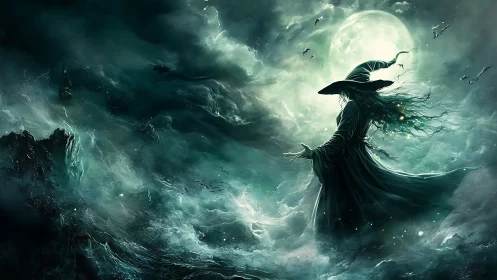 Moonlit sea witch commanding storm-tossed spectral waves.