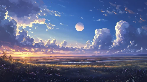 Wide plains under layered clouds and elevated moon disc.