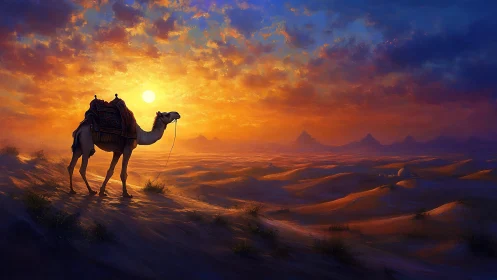 Solitary camel on sunlit dune ridge under vivid desert sky