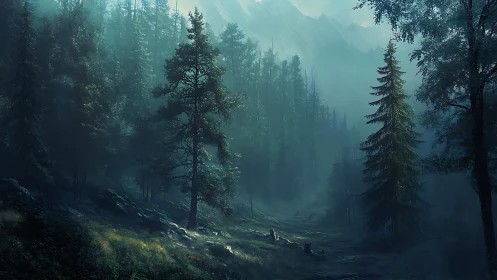 Coniferous forest landscape with atmospheric depth and volumetric light rendering through layered tr