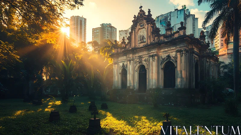 Sunbeams crown a baroque chapel tucked in urban jungle light