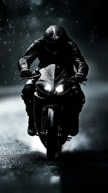 Motorcyclist riding on wet road in low light conditions.