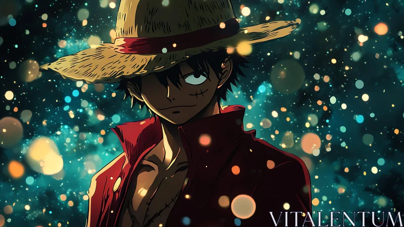 Straw-hatted anime adventurer glows amid dreamy starry lights