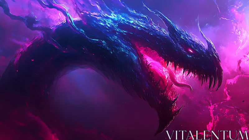 Cosmic dragon coils through neon stormlight and shadow glow