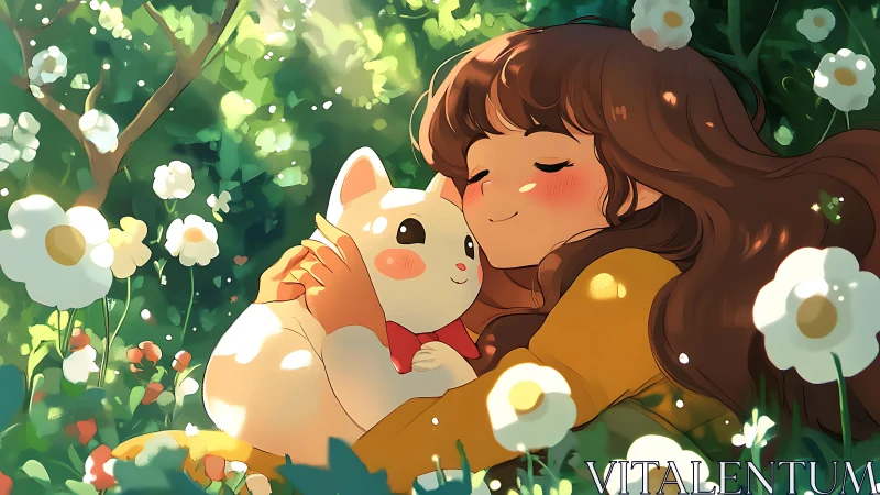 Anime girl hugging white cat in sunlit flower meadow.