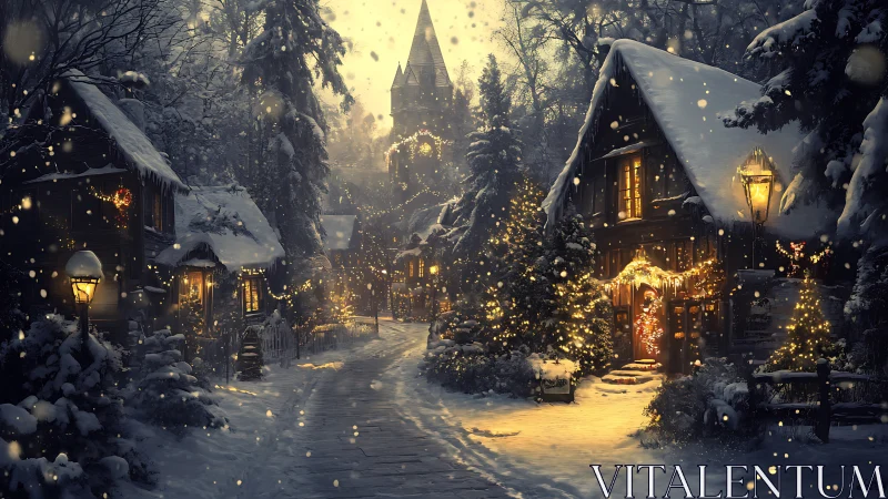 Snowy village lane glows softly with cozy winter lights