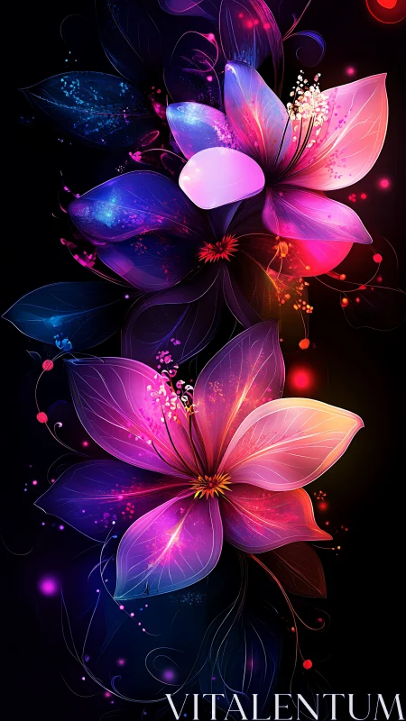 Bioluminescent Floral Cascade: Neon-Infused Digital Flowers Against Dark Background