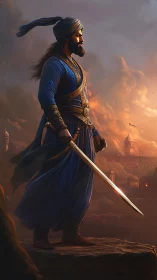 Sunlit warrior in blue gazes over a city of gathering storms.