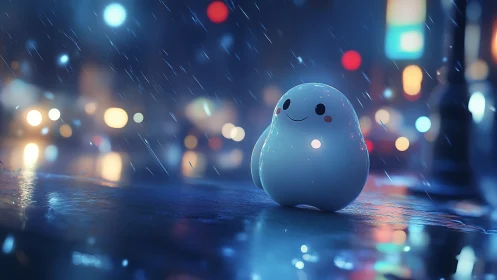 Smiling blob character on wet city street at night.