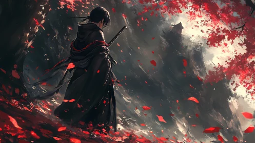 Lone wanderer under crimson leaves in a quiet, misty forest.