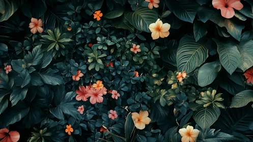 Lush Garden Canopy: Vibrant Blooms Among Dense Foliage