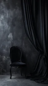 Black vintage chair against dark textured wall and drapery.