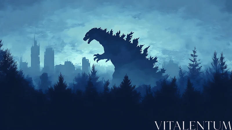 Monochrome kaiju silhouette surveying forested urban skyline.