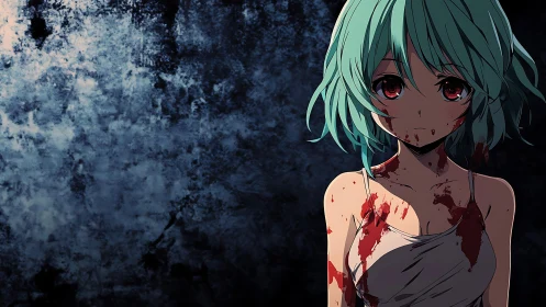 Bloodstained teal‑haired anime girl in high‑contrast chiaroscuro.