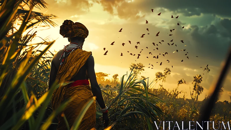Woman in patterned wrap walking through tall grass at dusk.