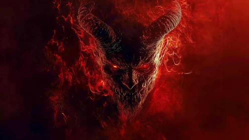 Demonic horned visage emerges from swirling infernal fire.