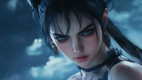 Stormlit warrior locks midnight eyes on the unseen threat