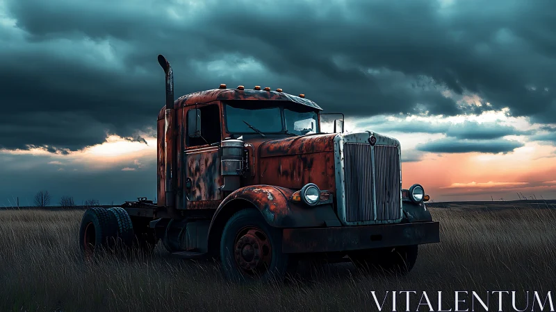 Rusty semi truck in tall grass under stormy sunset sky.
