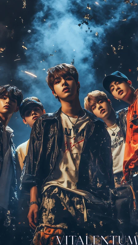 Cinematic low-angle portrait of five youths under smoke-lit sky