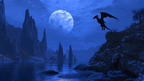 Dragon silhouette over moonlit rocky lake landscape.
