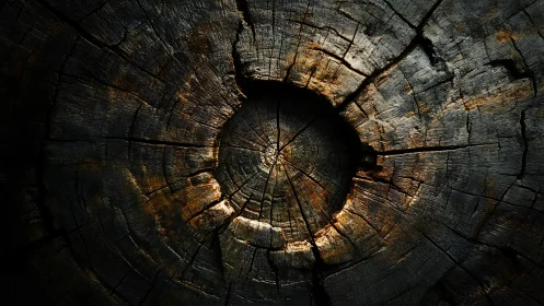 Weathered tree cross-section under dramatic side lighting.