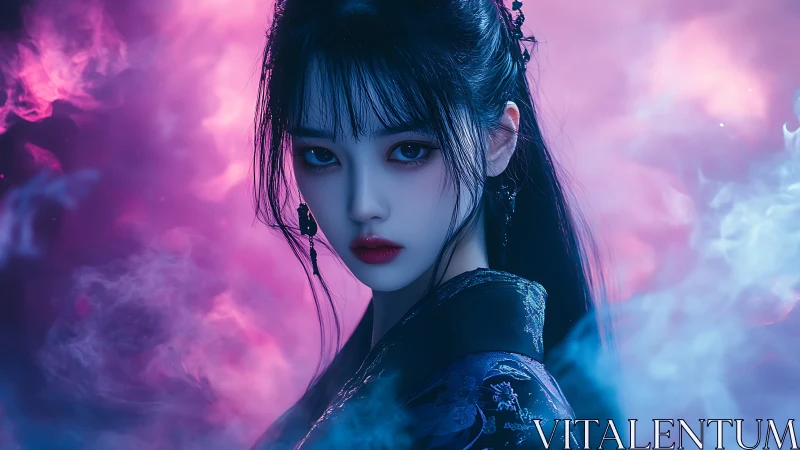 Cyber-noir portrait of stoic woman in neon vapor haze