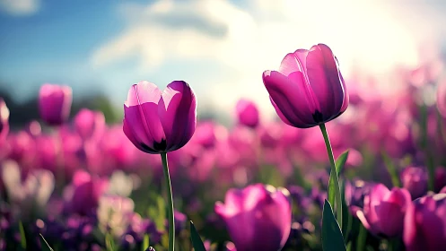 Vibrant magenta tulips bloom in golden sunlight across meadow.
