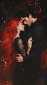 Luminous Intimacy: Red-Haired Woman and Dark-Clad Man in Fiery Particle Setting