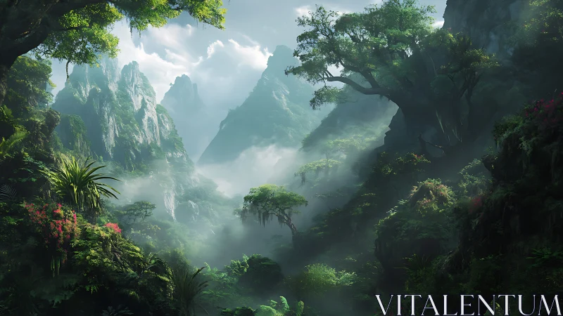 Misty Canyon Dreams: Where Ancient Peaks Embrace Verdant Mystery