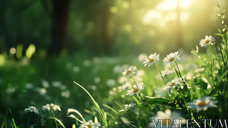 Backlit meadow daisies under shallow-depth optical rendering.