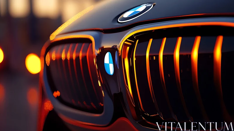 Close view of illuminated BMW grille at sunset.