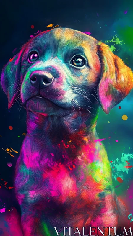Digital illustration depicts multicolored puppy in neon palette
