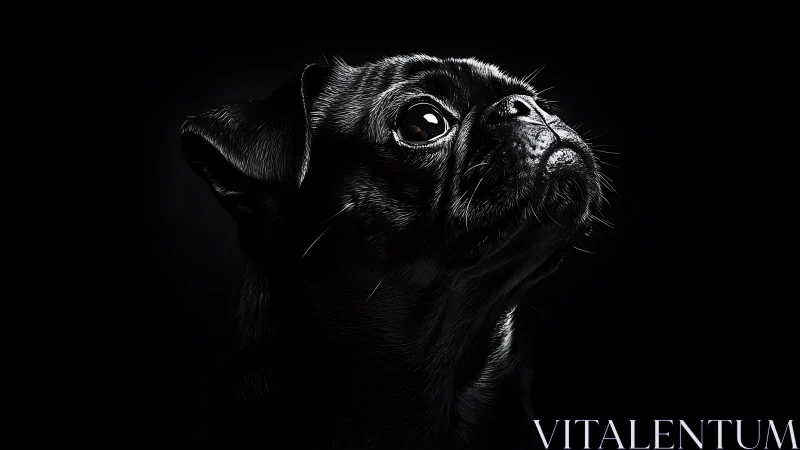 Studio portrait shows black pug rendered in high-contrast light