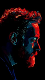 Profile portrait in red and blue digital brush lighting.